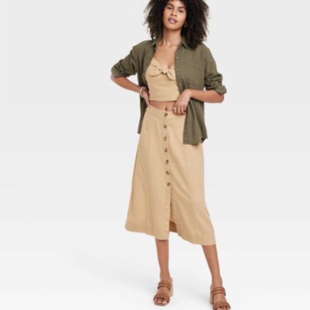 Universal Thread Tan Linen Button-Front Midi Skirt